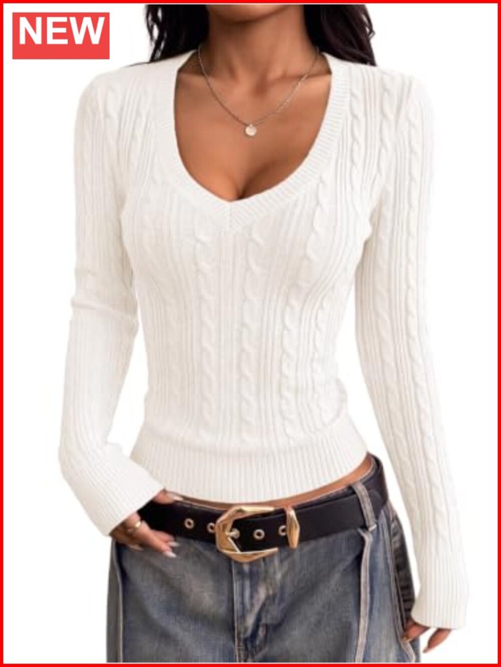 Women's V Neck Cable Knit Long Sleeve Pullover Sweater